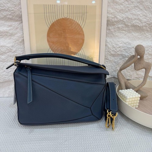Pre-owned Authentic Loewe Puzzle Medium Dark Navy Grained 30cm