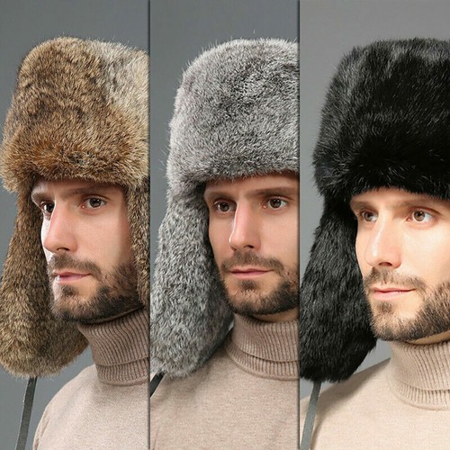 Men Winter Imitation Rabbit Fur Hat Trapper Russia Ushanka Earflap