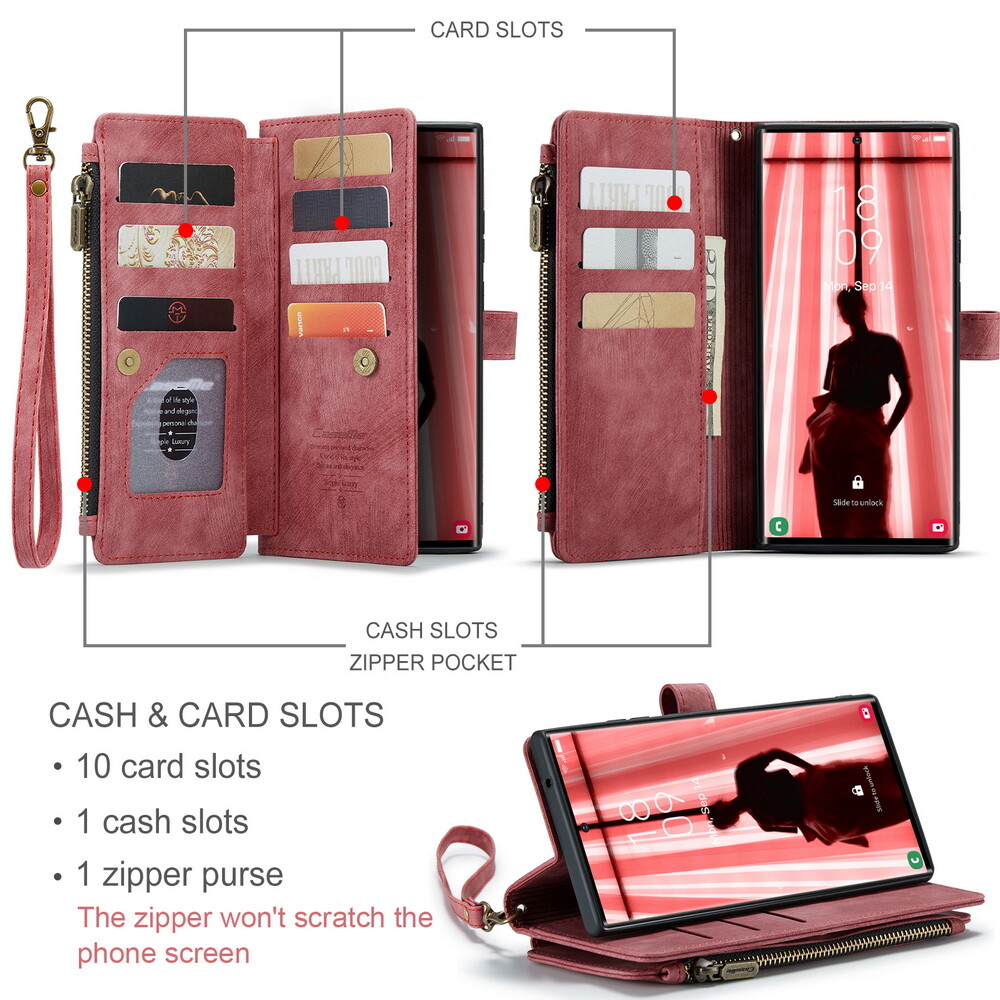 Zipper Leather Wallet Phone Case w/ Wrist Strap for Samsung S23 S22 S21 A Series