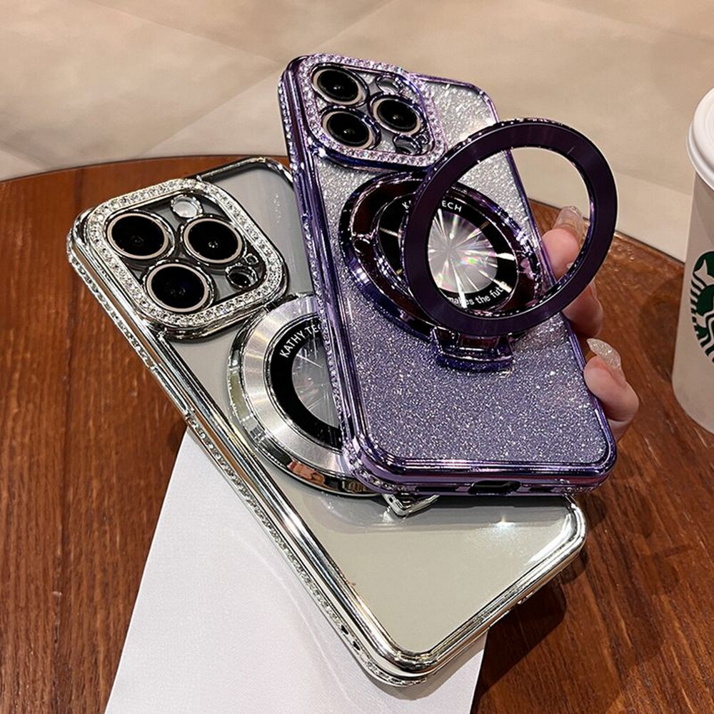 Glitter Rhinestone Clear TPU Case MagSafe Stand for iPhone 11 12 13 14 15 16