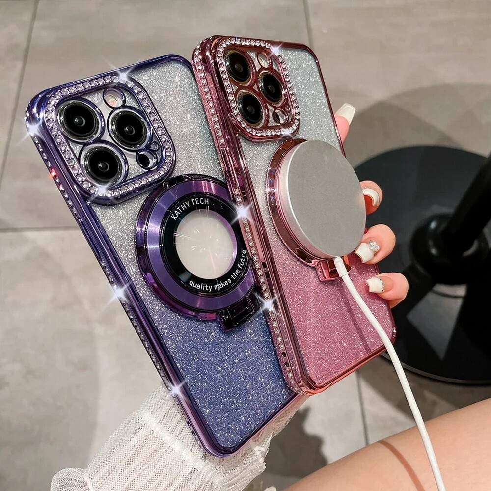 Glitter Rhinestone Clear TPU Case MagSafe Stand for iPhone 11 12 13 14 15 16