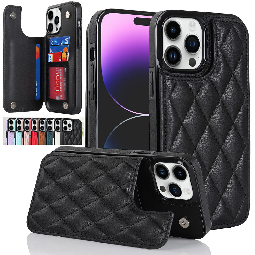 Rhombus Quilted Leather Magnetic Card Wallet Case for iPhone 11 12 13 14 15 16