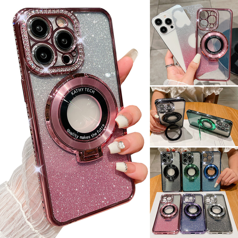 Glitter Rhinestone Clear TPU Case MagSafe Stand for iPhone 11 12 13 14 15 16