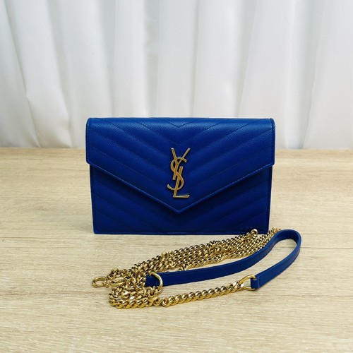 YSL Saint Laurent Envelope Medium Matelasse Chain Wallet Royal