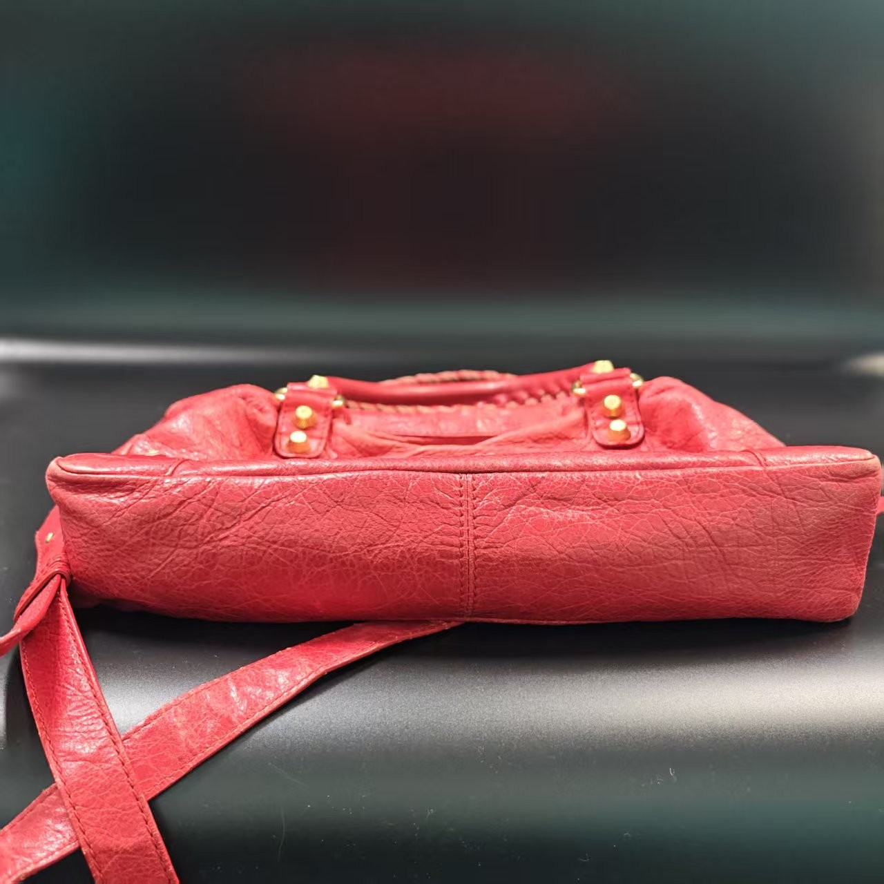 BALENCIAGA Aged Lambskin Classic City Red Motorcycle Top Handle