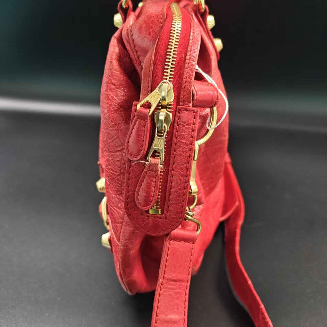 BALENCIAGA Aged Lambskin Classic City Red Motorcycle Top Handle