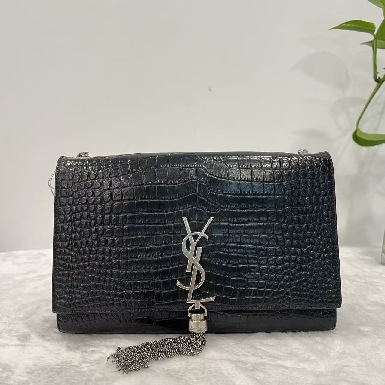 YSL Saint Laurent Kate Chain Bag Black Croc Embossed Leather