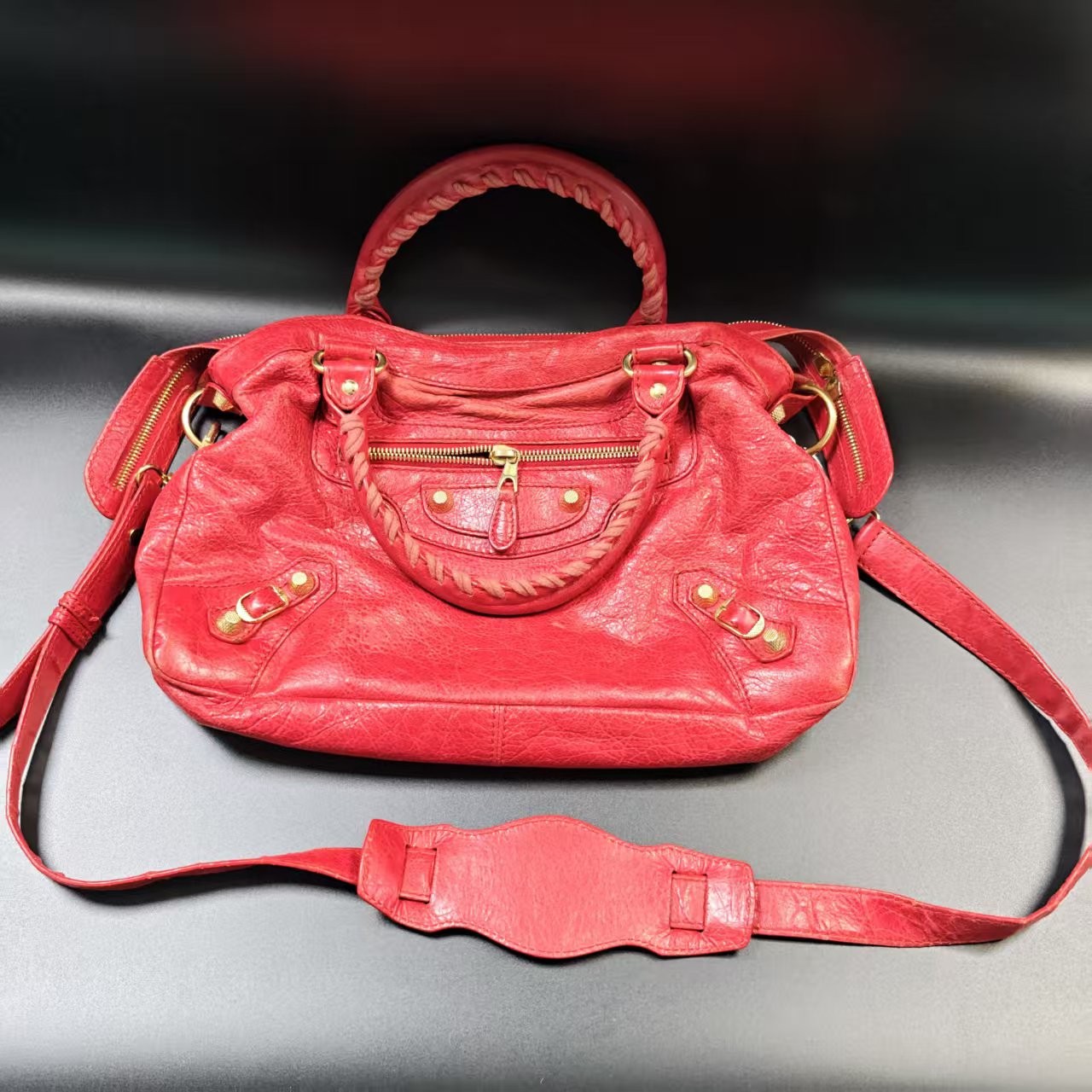 BALENCIAGA Aged Lambskin Classic City Red Motorcycle Top Handle