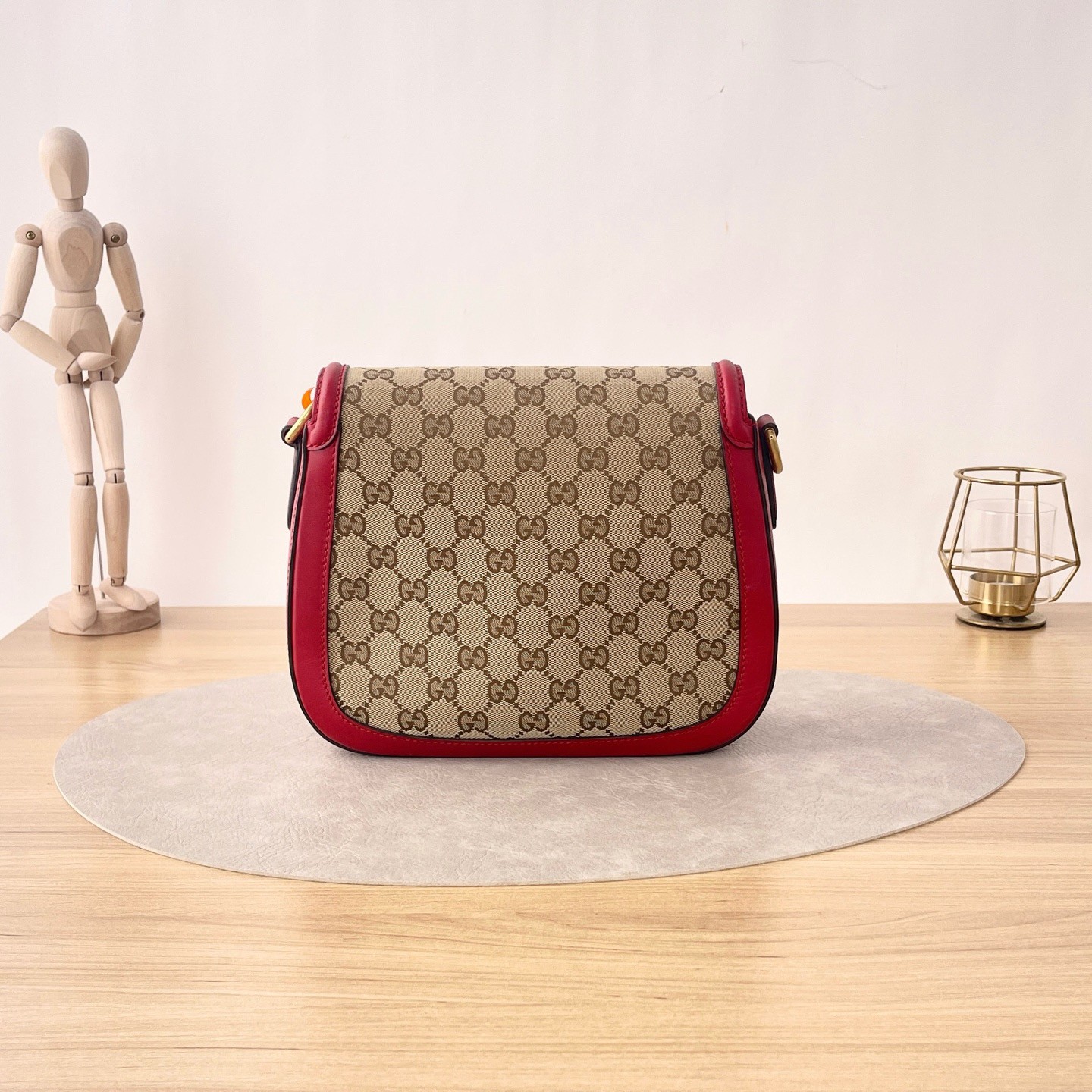 GUCCI Web 1955 Horsebit Shoulder Bag Red Leather Ebony GG Supreme