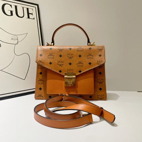 MCM Logo Print Handbag Brown Leather Shoulder Crossbody Bag