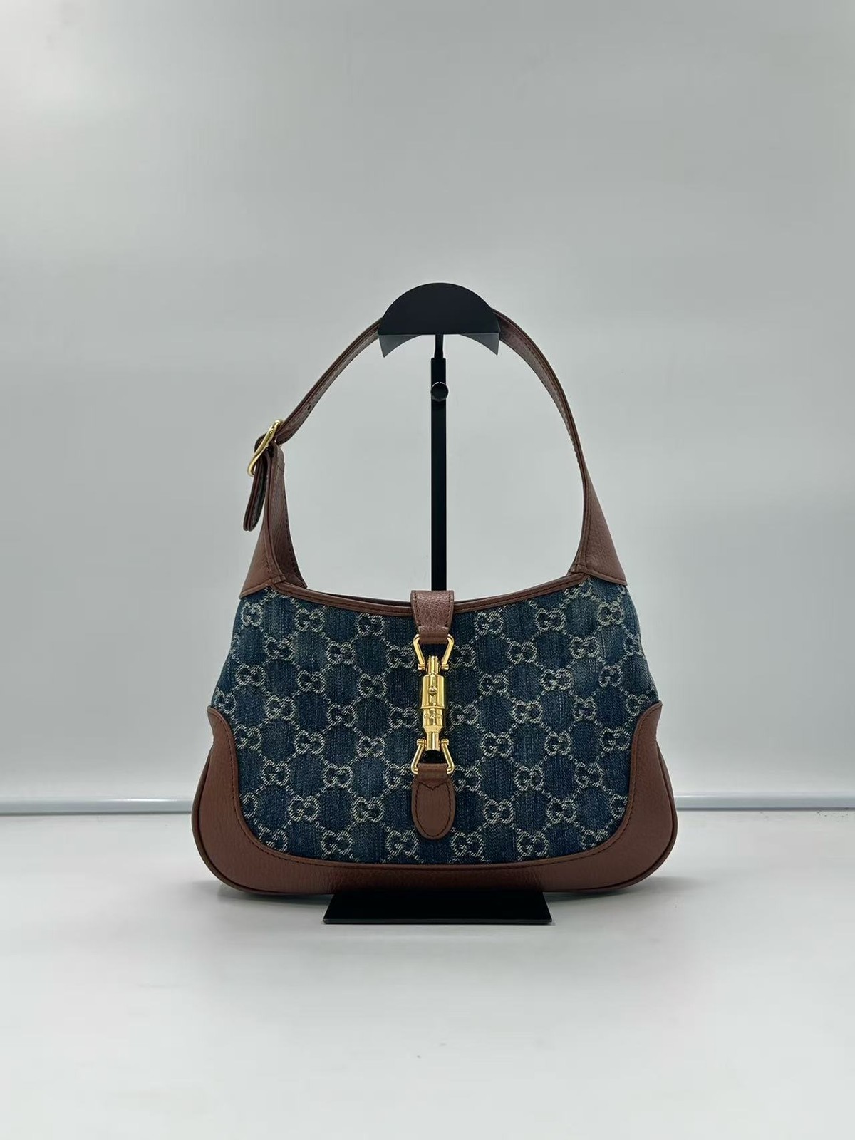 Gucci Jackie 1961 Mini Hobo Bag Denim GG Monogram Gold Hardware