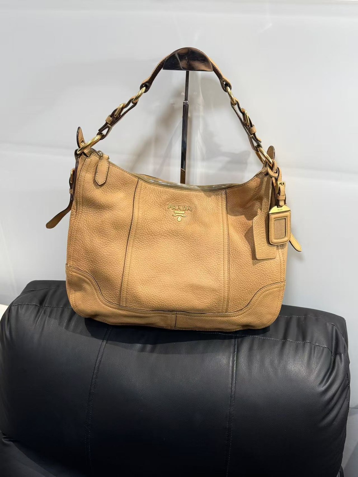 Authentic Vintage Prada Hobo Bag Brown Vitello Daino Leather Gold