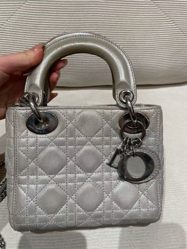 Christian Dior Lady Dior Mini Satin Handbag Silver Cannage Leather