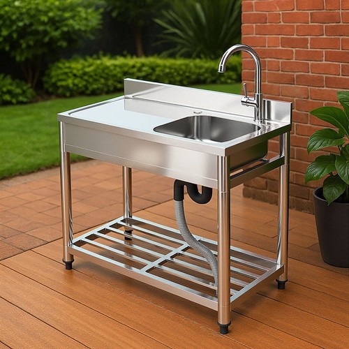 Freistehend Edelstahl Waschbecken100x50x90cm Waschtisch Outdoor Spüle Spülbecken