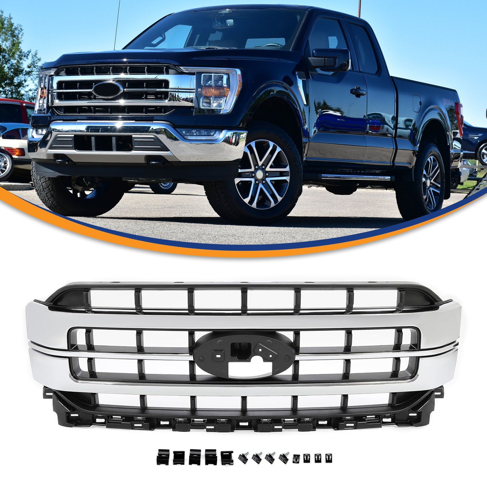 Fit For 2021-2023 Ford F-150 F150 Lariat Sport Front Bumper Grille Grill Chrome