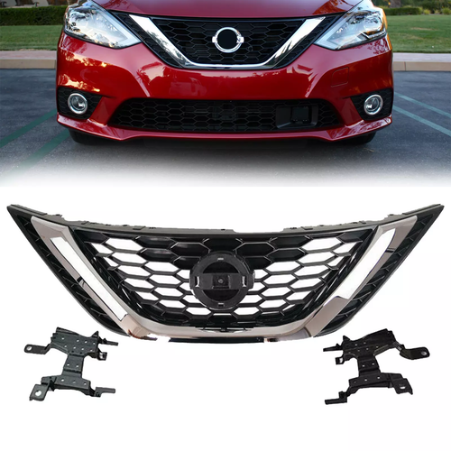 For 2016 2017 2018 Nissan Sentra Front Bumper Upper Grille ABS + Chrome Grill