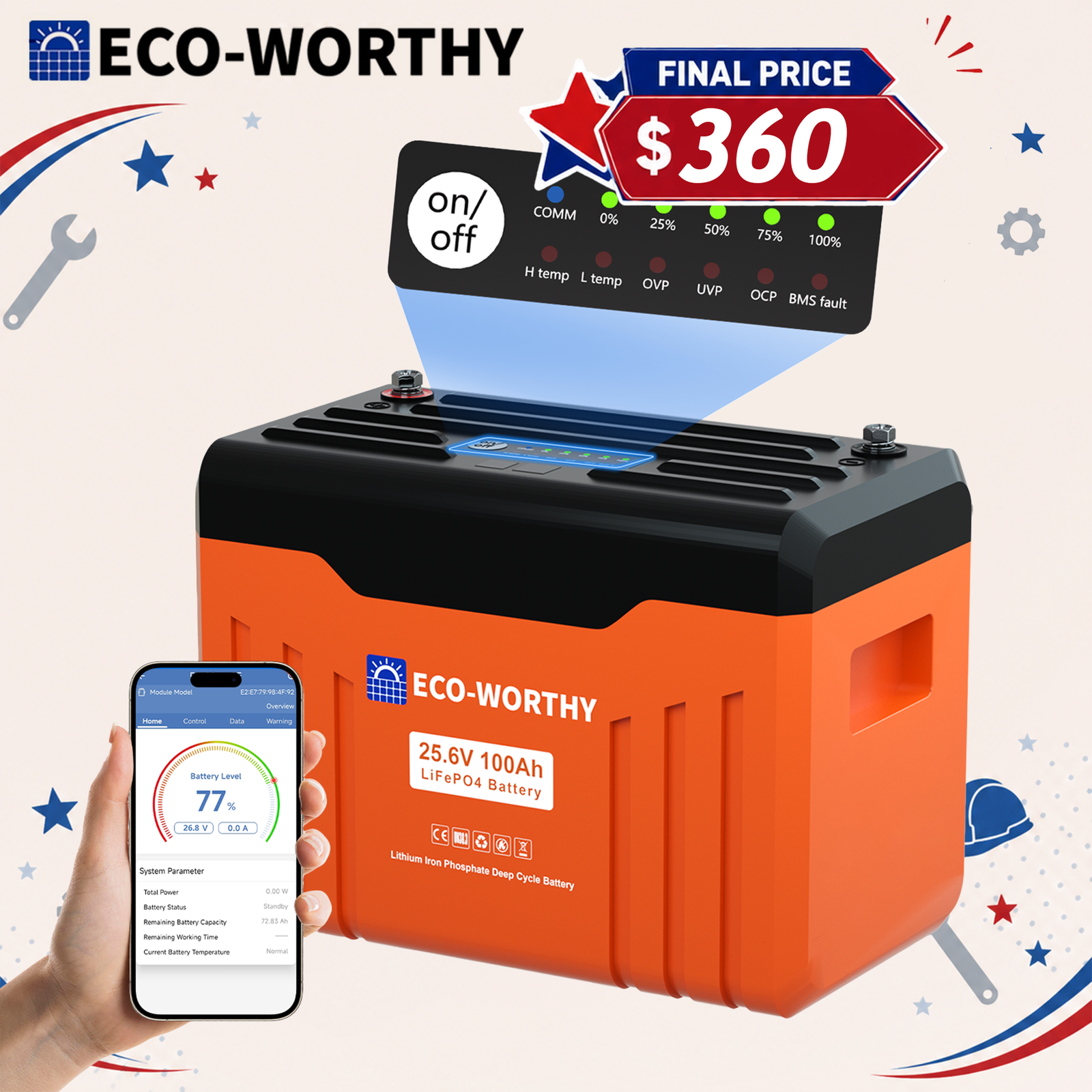 ECO-WORTHY 2560Wh 24V 100AH LiFePO4 Lithium Battery With SOC