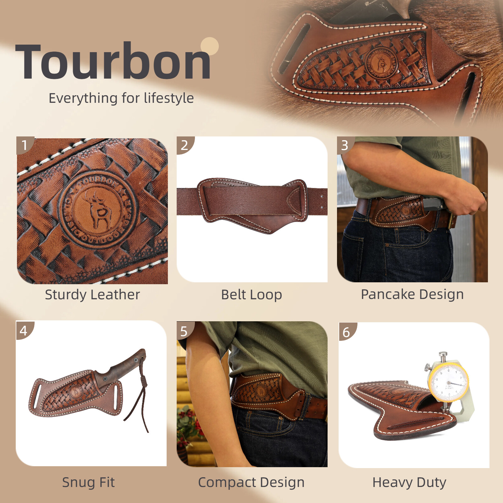 Tourbon Leather Engraved Pancake Fixed Blade Knife Sheath Belt