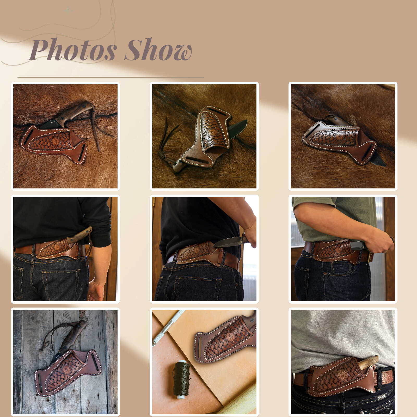 Tourbon Leather Engraved Pancake Fixed Blade Knife Sheath Belt