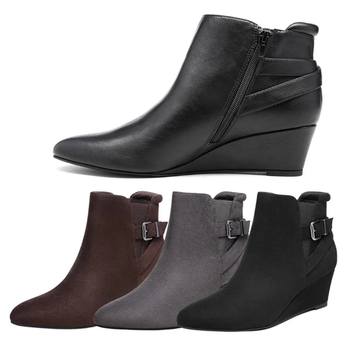 Women Wedge Heel Booties Lining Almond Toe Side Zipper Ankle Boots