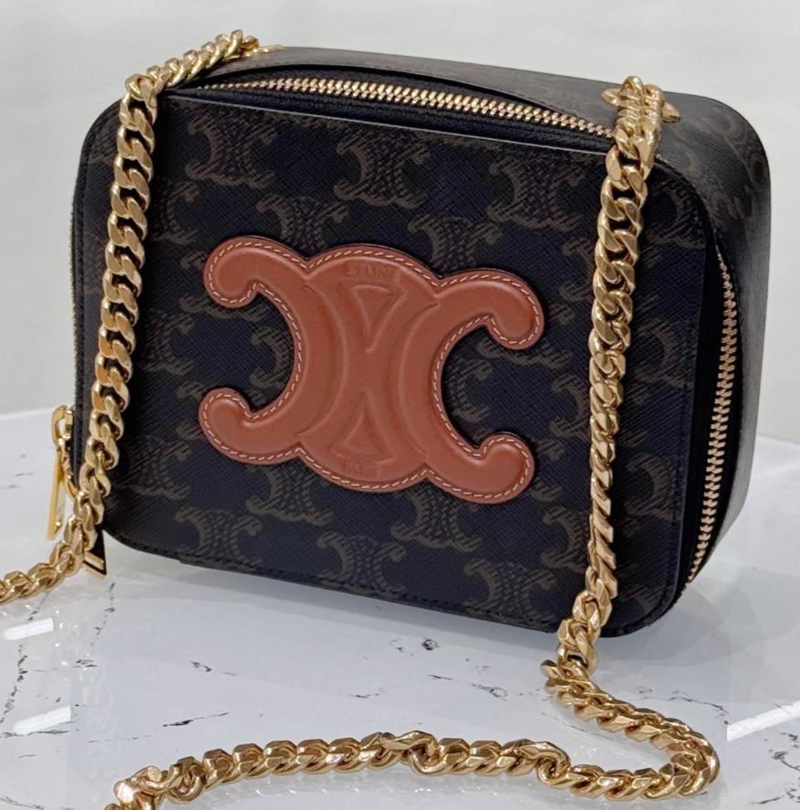 Celine Box On Chain 2Way Shoulder Bag Crossbody Brown Gold Women