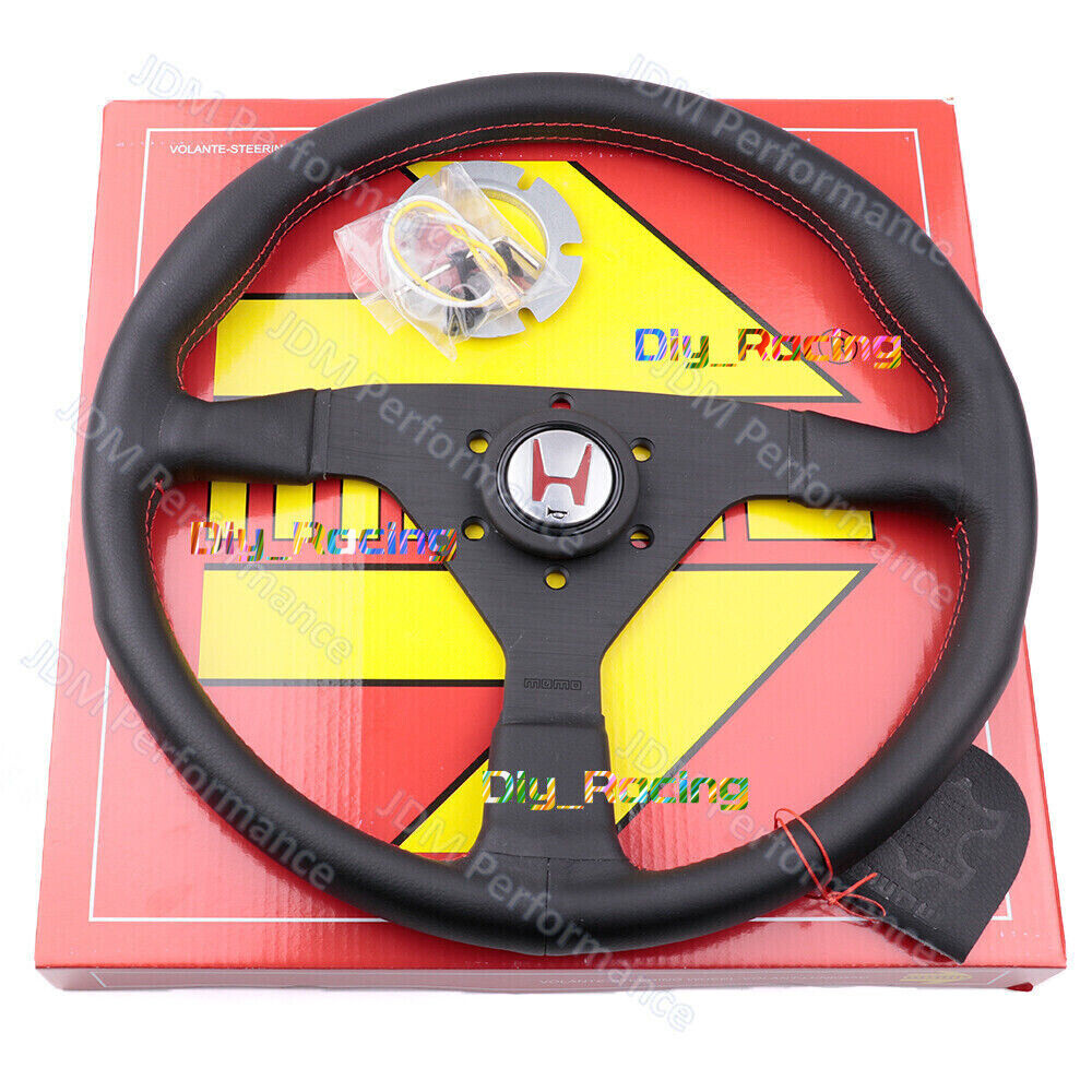 Red MOMO Leather Drift Sport Steering Wheel For Honda H logo horn