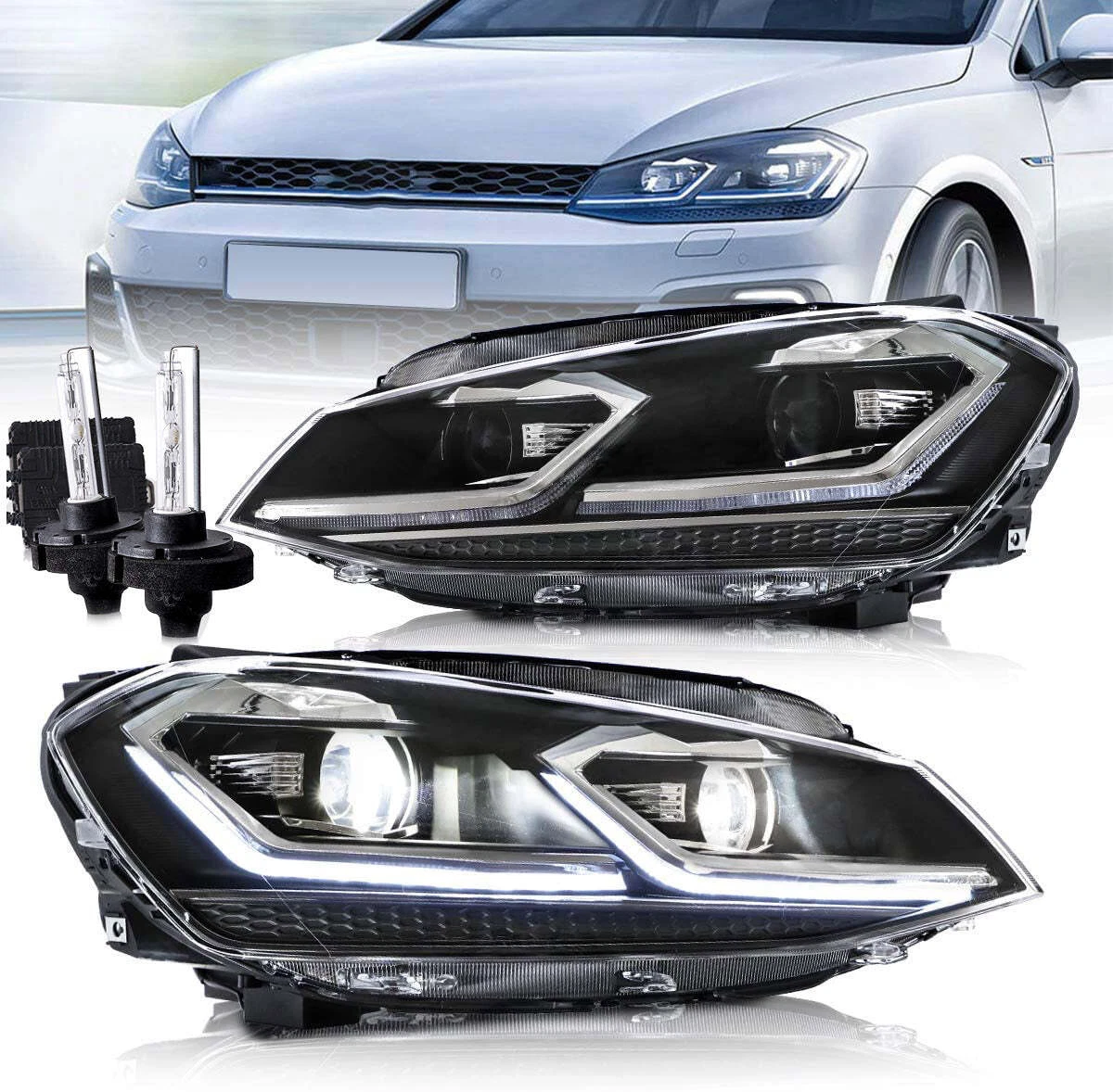 VLAND LED Headlights+D2H Bulbs For VW Golf 7 MK 2013-2017 Fits Halogen Model