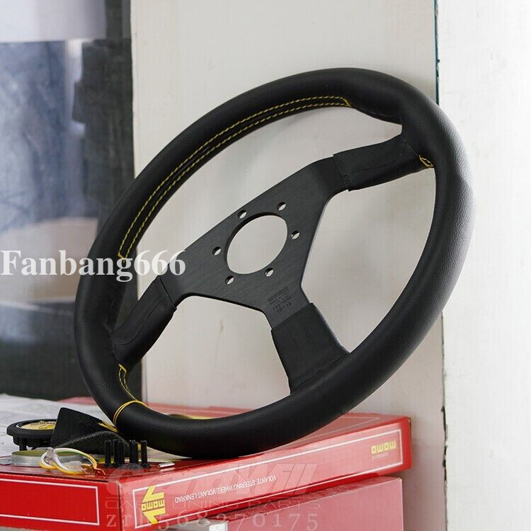 MOMO Veloce Racing V1 350mm Genuine Leather Yellow button Sport