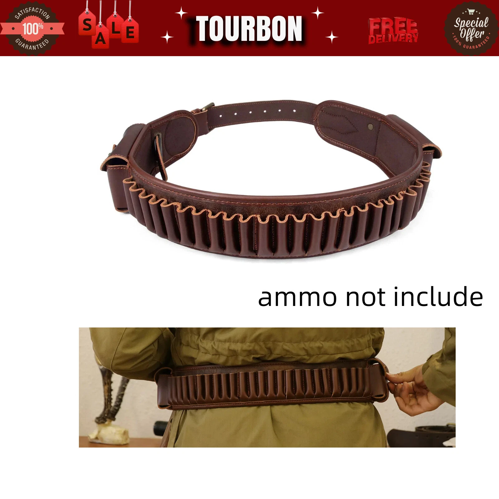 TOURBON PU Leather 30-06 Ammo Belt Shotgun Cartridges Rifle 45-70 Shells Pouch