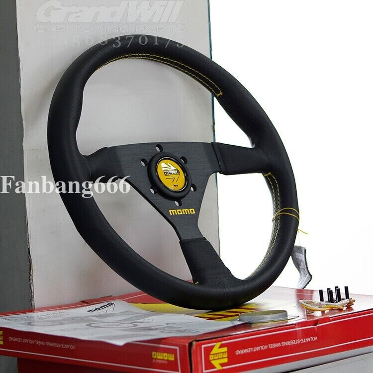 MOMO Veloce Racing V1 350mm Genuine Leather Yellow button Sport