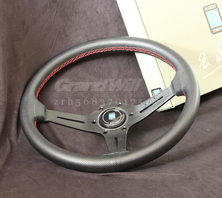 NARDI 350MM Mid-deep Perforated Leather Black Spoke Racing Sport