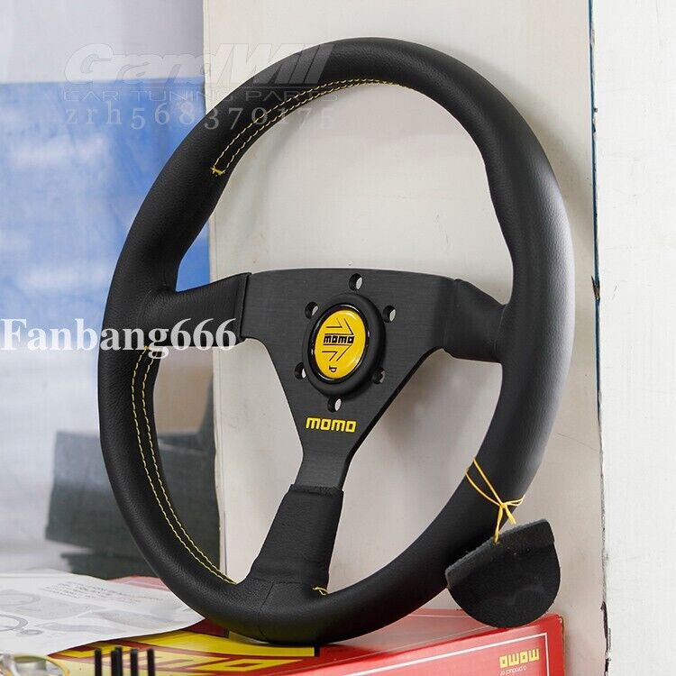 MOMO Veloce Racing V1 350mm Genuine Leather Yellow button Sport